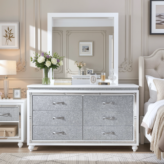 Sunvega White Crushed Crystal Drawer Nightstand with Mirrored Accent