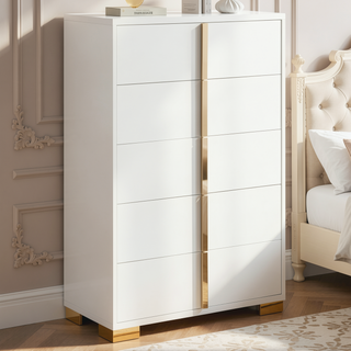 Sunvega Modern Art Deco White Five-Drawer Chest with Gold Hardware and Smooth Glide