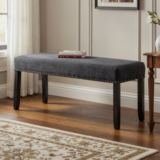 Sunvega Tan Linen and Cotton Fabric Dining Bench with Nailhead Trim