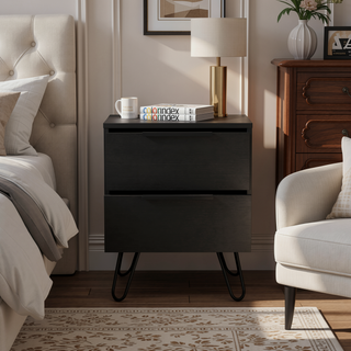 Sunvega Nightstand with Two Drawers and Four Steel Hairpin Legs