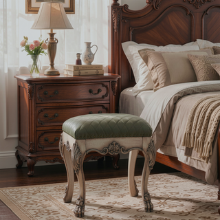 Sunvega Vanity Stool with Tufted Upholstered Seat and Vintage Bone White Claw Legs