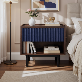 Sunvega Mid-Century Modern Navy Blue Nightstand with Ribbed Wood Grain Laminate
