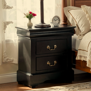 Sunvega Black Finish Traditional Bedroom Nightstand with Two Drawers and Metal Handles