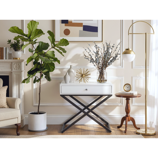 Sunvega Koda White Wooden End Table with Glass Top and Drawer