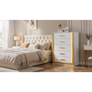 Sunvega Modern White and Gold Finish Five-Drawer Chest with LED Lights