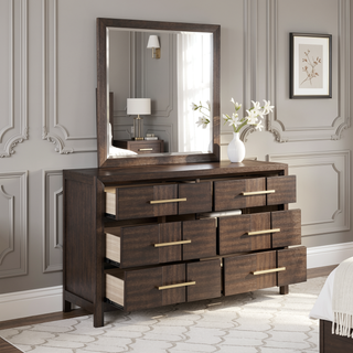 Sunvega Modern Walnut 6-Drawer Dresser with Gold Handles for Bedroom Storage