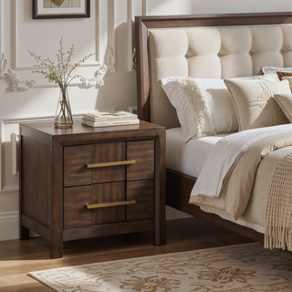 Sunvega Modern Walnut 2-Drawer Nightstand with Gold Handles for Bedroom