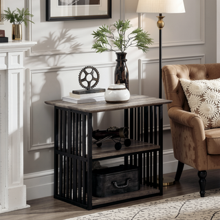 Sunvega Industrial Metal Frame Nightstand with Wooden Top and Two Open Shelves