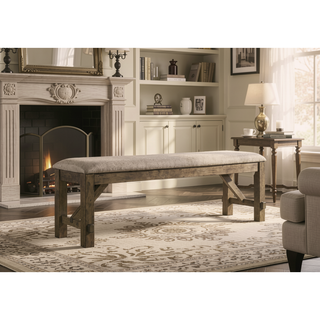 Sunvega Farmhouse Dining Bench with Tan Textured Fabric Upholstery and Foam Padding