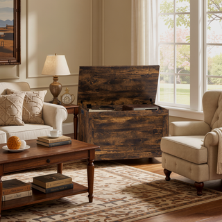 Sunvega Rustic Brown Wooden Storage Chest with Two Safety Hinges and Side Handles