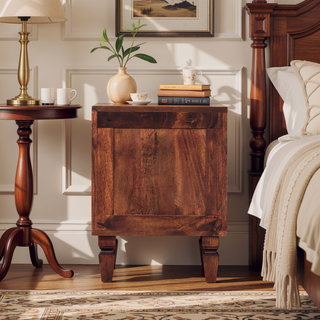 Sunvega Solid Mango Wood Nightstand with Grooved Drawers and Brass Handles