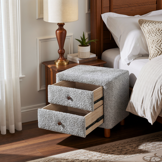 Sunvega Grey Boucle Upholstered Nightstand with Two Drawers and Wooden Legs