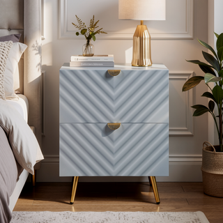 Sunvega Gaines Gray High Gloss Finish Nightstand with 2 Storage Drawers and Metal Legs