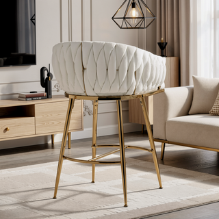 Sunvega Lambswool Fabric Counter Height Bar Stools Set of 2 with Wave Back