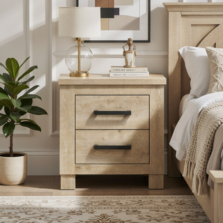 Sunvega Weathered Oak Two-Drawer Nightstand with Dark Bronze Handles