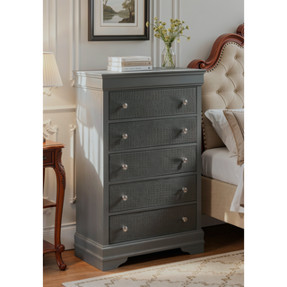Sunvega Modern Metallic Gray Wood 5-Drawer Chest with Textured Surface and Crystal Knobs