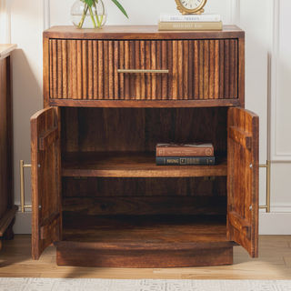 Sunvega Solid Wood Curved Ribbed Bedside Table with Drawer in Amber Oak Finish