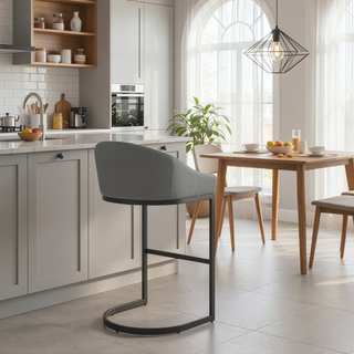 Sunvega Black Metal Bar Stool with Gray Faux Leather Upholstery and Cantilever Base