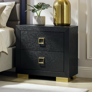 Sunvega Black Contemporary Nightstand with Gold Trim and Square Pulls Metal Legs