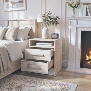 Sunvega Smokey Oak and White Finish Nightstand with Two Drawers and Open Shelf