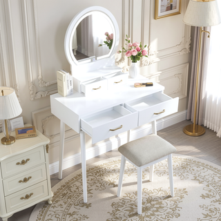 Sunvega Pink Finish Vanity Dresser with Mirror and Stool Set LED Light