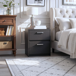 Sunvega White Finish Chequered Nightstand with Two Spacious Drawers