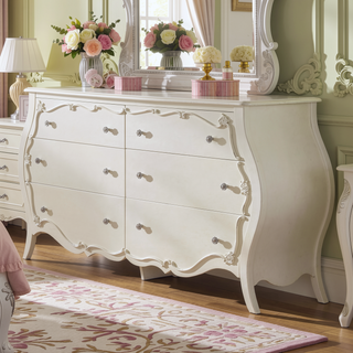 Sunvega Pearl White Finish Dresser with Scrolled Inlay Details and Spacious Drawers