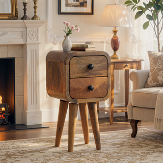 Sunvega Ultra-Compact Solid Mango Wood Bedside Table with Two Drawers