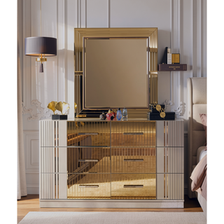 Sunvega Gray Wood 6-Drawer Dresser with Bronze Mirror Accents for Bedroom