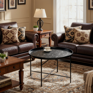 Sunvega 24 Inch Round Coffee Table with Hammered Tray Top and Metal Frame for Living Room
