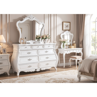 Sunvega Pearl White Dresser with Ornate Carvings and Spacious Storage Drawers