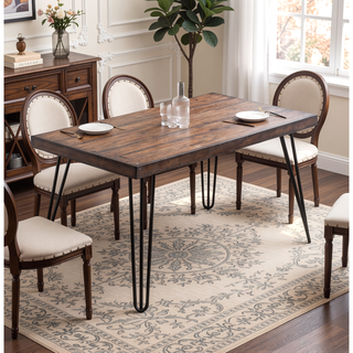 Sunvega Industrial Hairpin Metal Dining Table in Rustic Dark Pine for Living Room