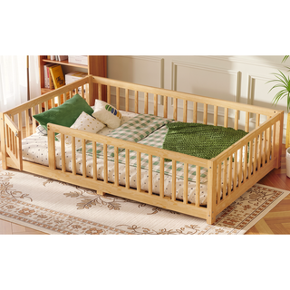 Sunvega Twin Size Floor Bed with Safety Guardrails and Door for Kids in Natural