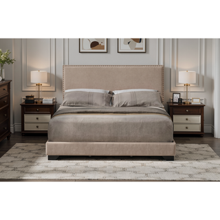 Sunvega Fully Upholstered Fabric Queen Bed with Nailhead Trim Accent and Wood Leg