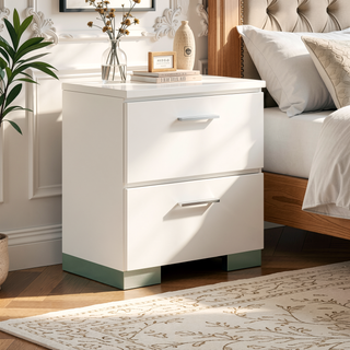 Sunvega Contemporary White High Gloss Lacquer Nightstand with Chrome Handles and USB Charger