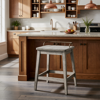 Sunvega Light Brown Rustic Casual Counter Stool with Galley Rail Back and Shaped Seat