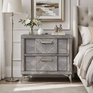 Sunvega Gray Bookmatched Ash Veneers Nightstand with 2 Storage Drawers