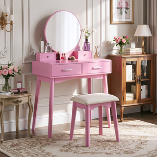 Sunvega Contemporary White Wood Vanity and Stool Set with Round Mirror