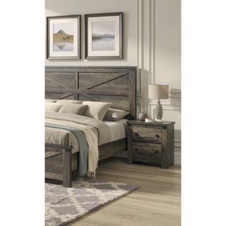 Sunvega Rustic Gray Farmhouse Nightstand with Antique Brass Drop Handles and 2 Drawers