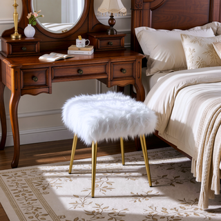 Sunvega White Faux Fur Upholstered Bench with Gleaming Gold Metal Legs