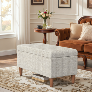 Sunvega Cream Chevron Woven Fabric Storage Bench Ottoman with Hardwood Frame