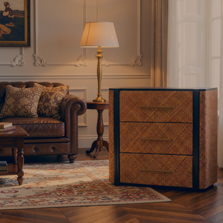 Sunvega Mocha-Finished Solid Mango Wood Chest with Handwoven Rattan Drawer