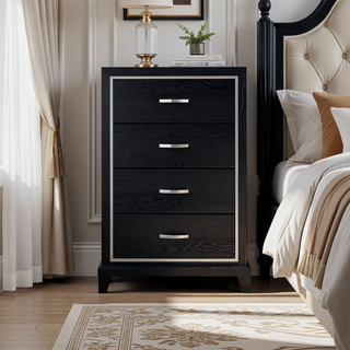 Sunvega Modern Black Nightstand with Two Drawers and Built-In AC USB Outlets