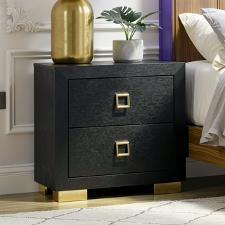 Sunvega Modern Black Nightstand with Center Glide Drawers and Gold Trim