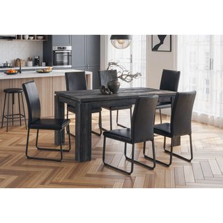 Sunvega Black Reclaimed Wood Look Dining Table with Block Legs Seats 6