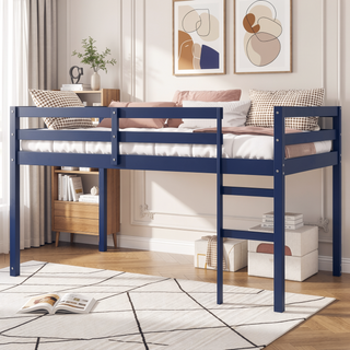 Sunvega Espresso Rubber Wood Low Height Loft Bed with Ladder for Bedroom
