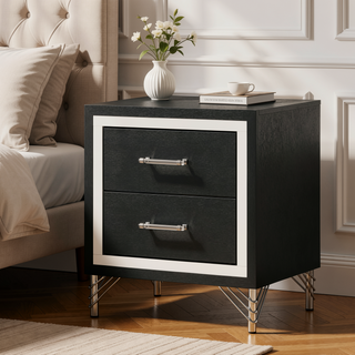 Sunvega Malcolm Black Modern Two-Drawer Nightstand with Gleaming Chrome Trim