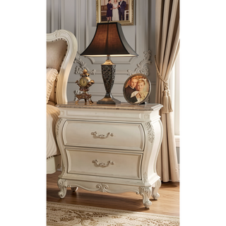 Sunvega Pearl White Finish Nightstand with Granite Top and Two Spacious Drawers