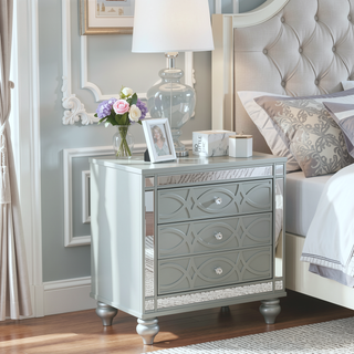 Sunvega Transitional Silver Metallic Two-Drawer Nightstand with Crystal Pulls
