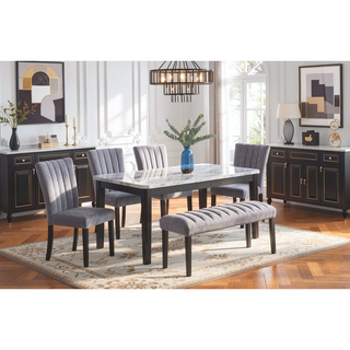 Sunvega Transitional Dining Table with Faux White Marble Top and Black Wood Base